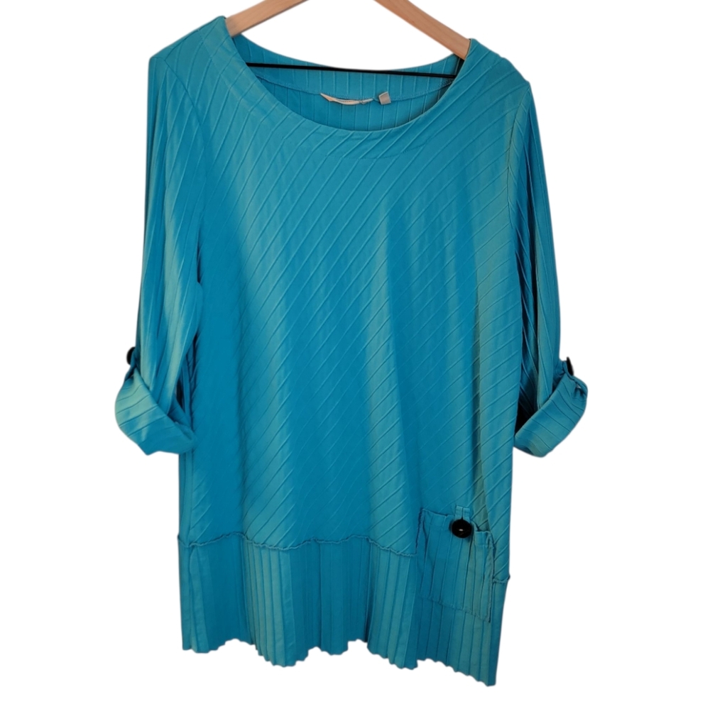Soft Surroundings‎ Blue Ribbed Tunic Tab Sleeve Button Top L